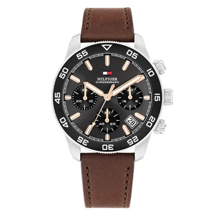 Tommy Hilfiger herreur stål 50M grå skive & brun skinnreim 41mm
