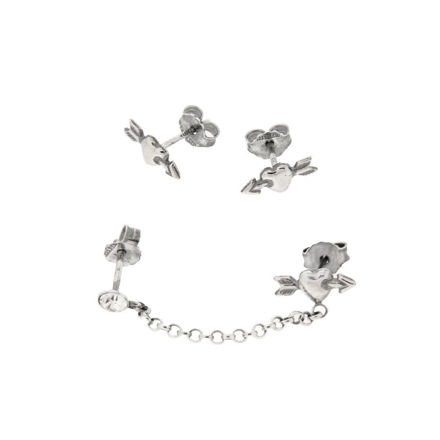 Sølv øredobber sett hjerte med amors pil & cz med kjede