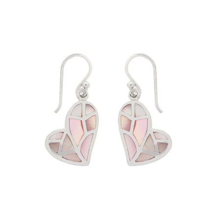Sølv øreheng hjerte med rosa ruter 16x12mm