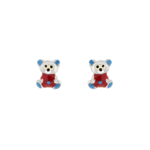 Ørepynt sølv bamse rød + blå 6x7mm