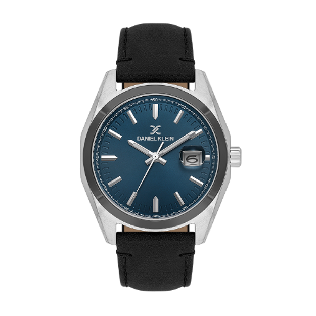 Daniel Klein Premium herreur i stål med mørkeblå skive og svart skinn reim 5 ATM  42mm