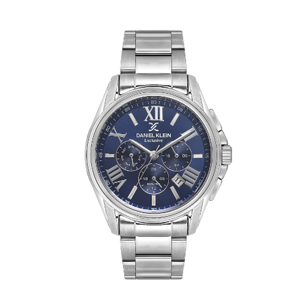 Daniel Klein Exclusive herreur i stål med blå skive og romertall 5 ATM 44mm