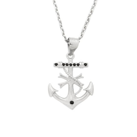 Rhodinert sølv halssmykke anker med svarte zirconer