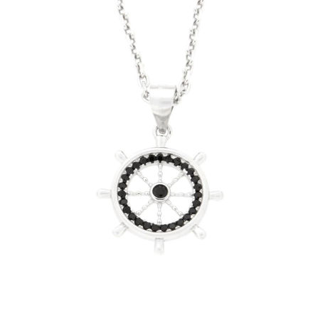 Rhodinert sølv halssmykke skipsratt med svarte zirconer