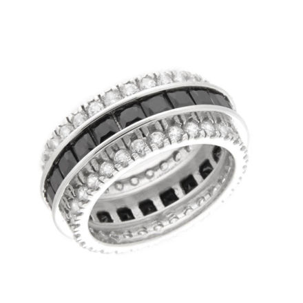 Rhodinert sølv ring med sorte og blanke zirconer 10mm