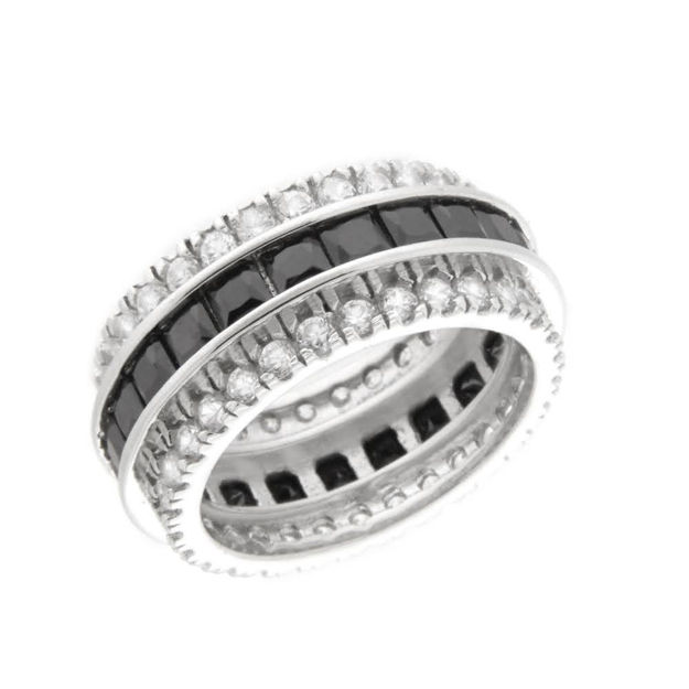 Rhodinert sølv ring med sorte og blanke zirconer 10mm