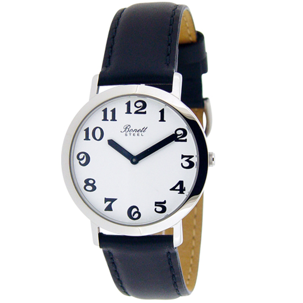 Bonett dameur 3ATM 35mm med svart skinnreim og hvit skive med tydelige tall