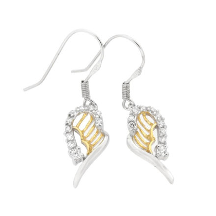 Rhodinert sølv øreheng hjerte med zirconer og detaljer i forgylt sølv