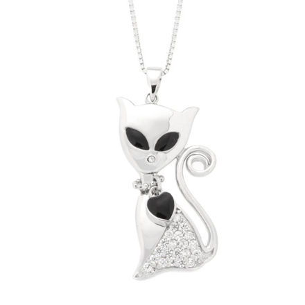 Rhodinert sølv anheng katt med blanke zirconer og sorte detaljer 20x36.5mm