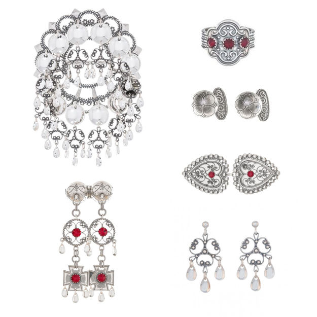 Bunadssett Sunnmøre oksidert sølv med røde steiner