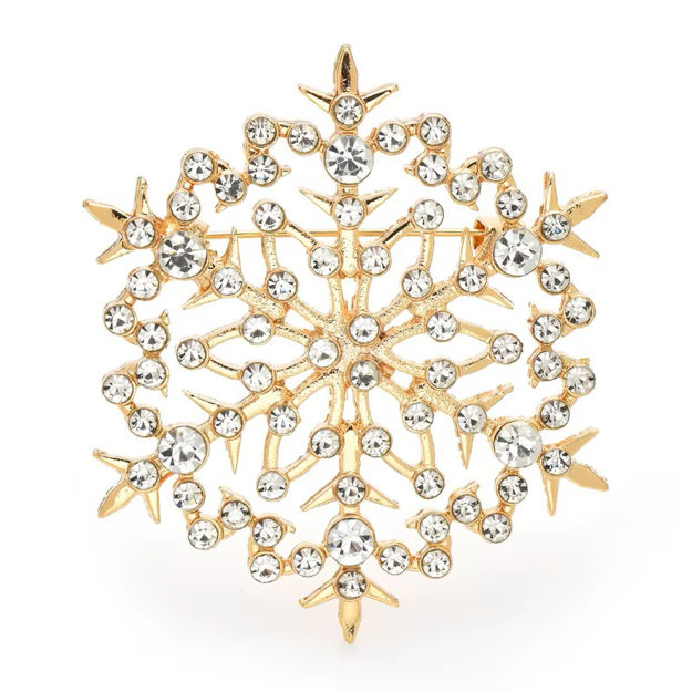 Julenål gullbelagt snøfnugg med blanke steiner 50mm