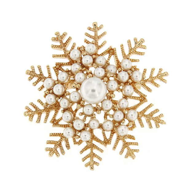 Julenål gullbelagt snøfnugg med perler 44mm