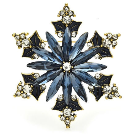 Julenål gullbelagt snøfnugg med svarte og blanke steiner 53mm