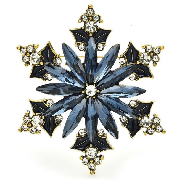 Julenål gullbelagt snøfnugg med svarte og blanke steiner 53mm