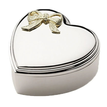 Hjertesmykkeskrin forkrommet med forgylt sløyfe 10x10cm