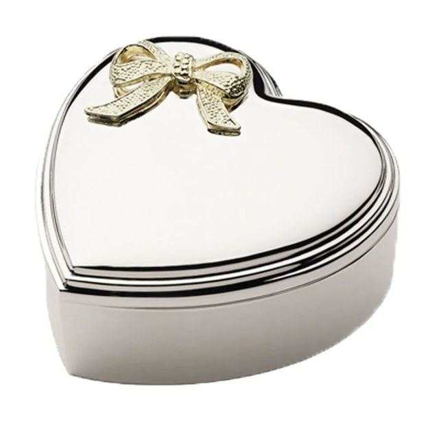Hjertesmykkeskrin forkrommet med forgylt sløyfe 10x10cm