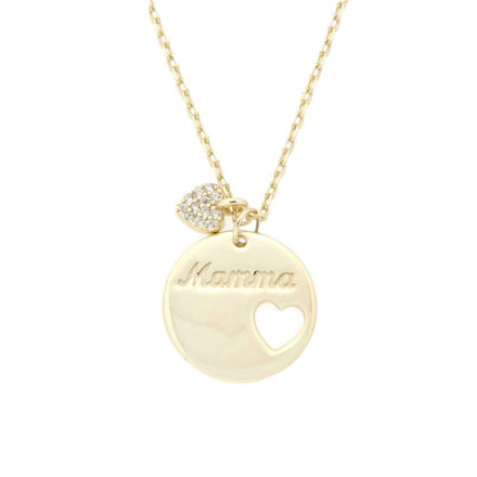 Forgylt sølv halssmykke rund plate "Mamma" + hjerte med blanke zirconer, kjede 42+5cm