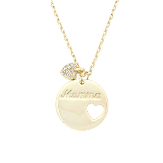 Forgylt sølv halssmykke rund plate "Mamma" + hjerte med blanke zirconer, kjede 42+5cm