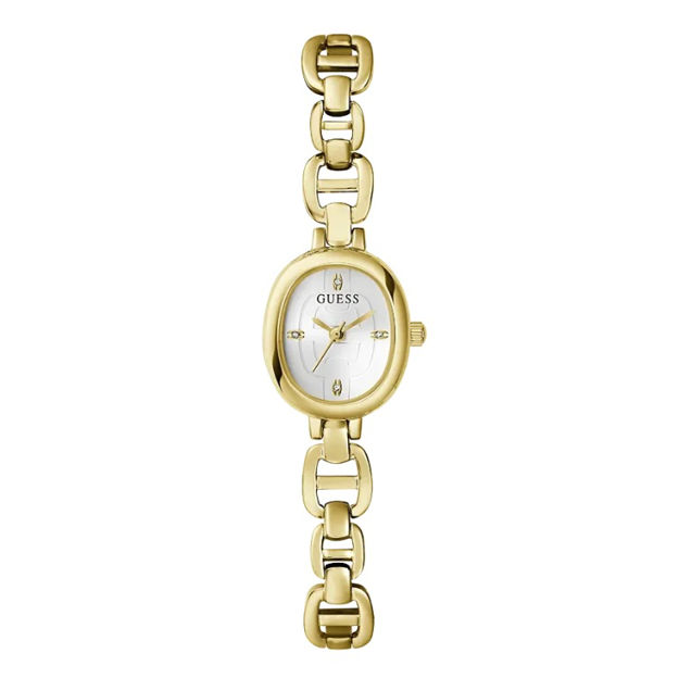 Guess Ladies Bejeweled gullfarget stål 21mm 10atm hvit skive og lenke