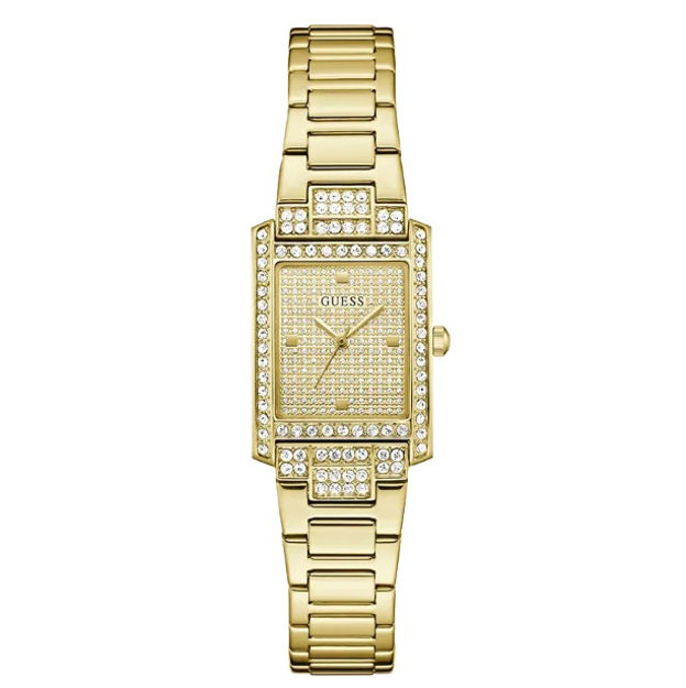 Guess Ladies Bejeweled gullfarget stål 23mm 3atm  skive med blanke steiner og lenke