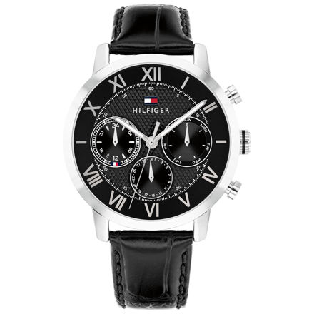 Tommy Hilfiger herreur stål med svart skive & skinnreim romertall 42mm 5atm