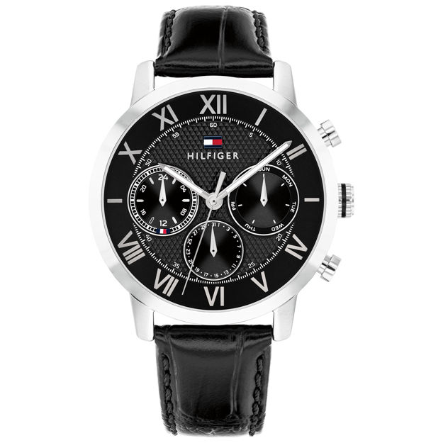 Tommy Hilfiger herreur stål med svart skive & skinnreim romertall 42mm 5atm
