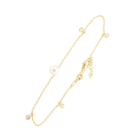 Forgylt sølv armbånd med 6mm perle og zirconer 17+2cm