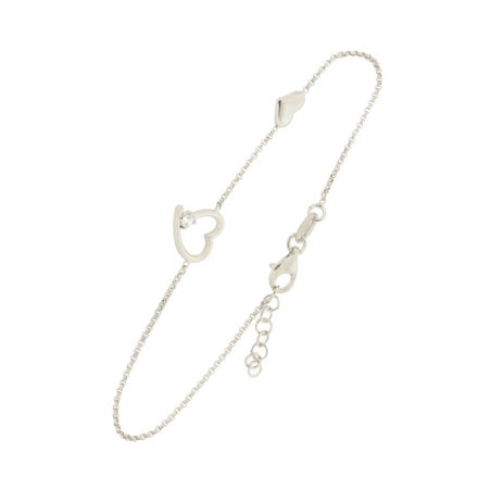 Rhodinert sølv armlenke hjerte med 3mm zircon + glatt hjerte 17+2cm