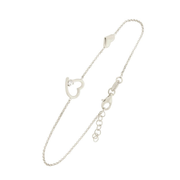 Rhodinert sølv armlenke hjerte med 3mm zircon + glatt hjerte 17+2cm