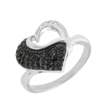 Rhodinert sølv ring hjerte med blanke og sorte zirconer