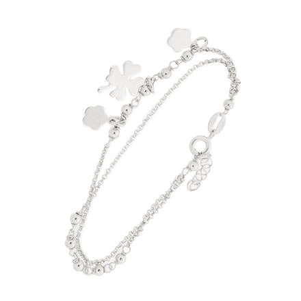 Rhodinert sølv armlenke 2-radig med glatte kuler, blomster & kløver 16+2cm