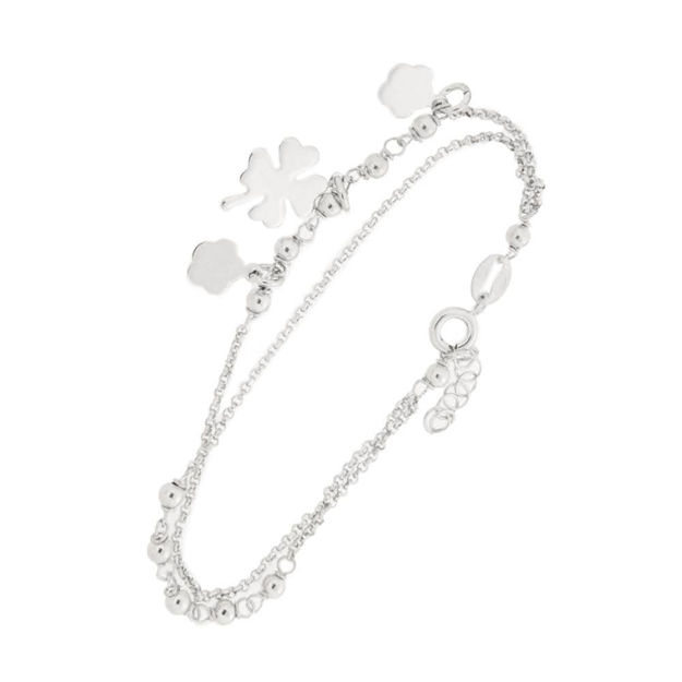 Rhodinert sølv armlenke 2-radig med glatte kuler, blomster & kløver 16+2cm
