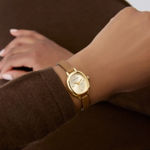 Guess Ladies Bejeweled gullfarget stål 21mm 10 ATM champagne skive & brun skinnreim