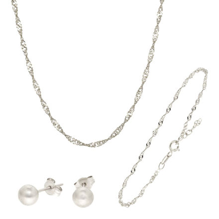 Sett sølv Singapore halskjede, armlenke og kule ørepynt