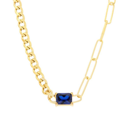 Forgylt sølv halskjede panzer & lange ledd 45+5cm med blå sten 5x7mm