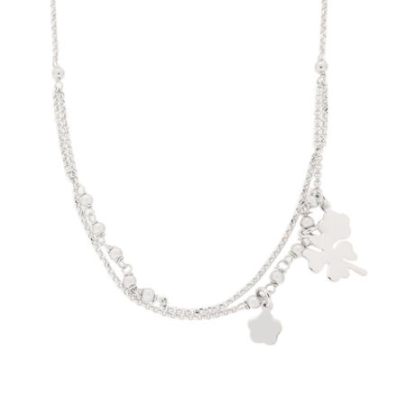 Rhodinert sølv collie 2-radig med glatte kuler, blomster & kløver 40+2cm