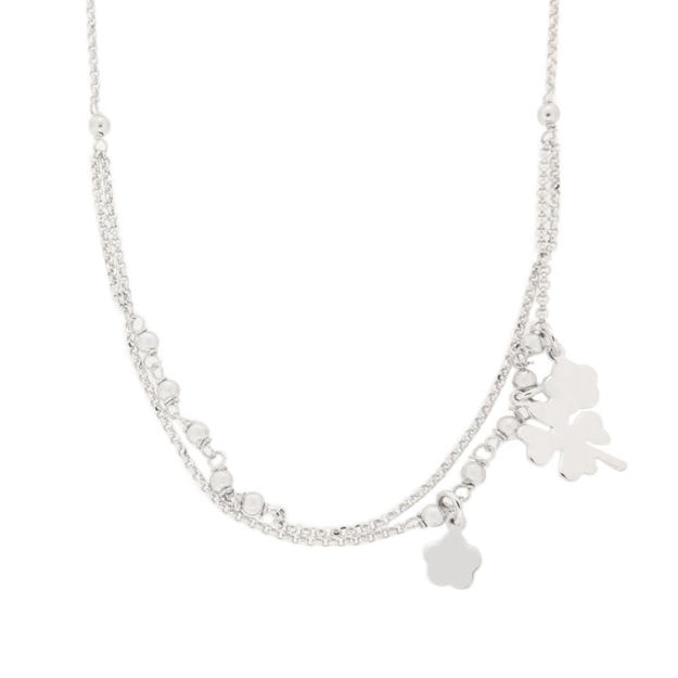 Rhodinert sølv collie 2-radig med glatte kuler, blomster & kløver 40+2cm