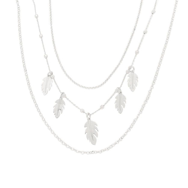 Rhodinert sølv collie 3-radig med 1r slipte kuler og 5 blanke fjær 45+3cm