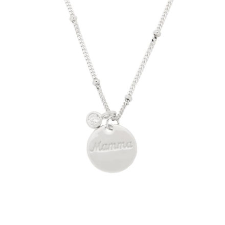 Rhodinert sølv halssmykke 12mm "Mamma" + liten blank zircon 42+5cm