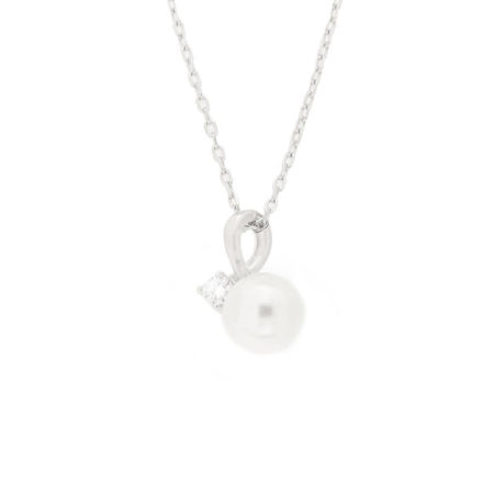 Rhodinert sølv halssmykke 8mm perle & blank zircon 42+5cm