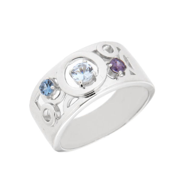 Rhodinert sølv ring med zirconer i lilla/blå/lys blå