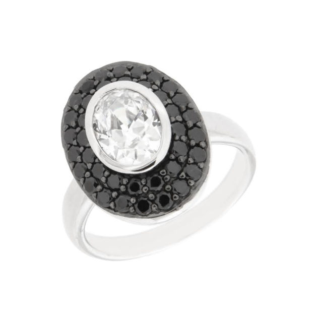 Rhodinert sølv ring oval Cubic Zirconia og sorte zirconer
