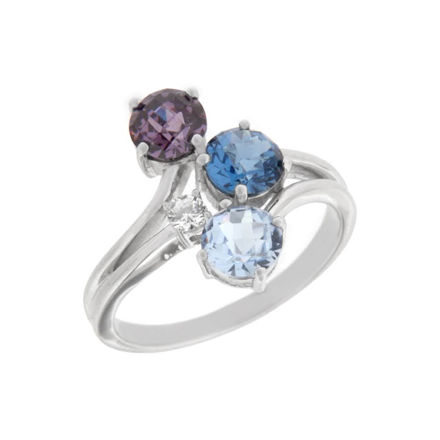 Rhodinert sølv ring med lys blå/blå/lilla zircon 6mm og blank cz 3mm