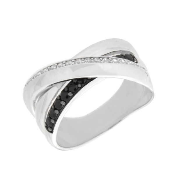 Rhodinert sølv ring med cubic zirconia og sorte zirconer