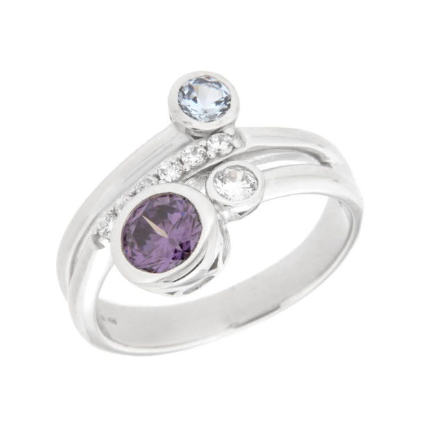 Rhodinert sølv ring med cubic zirconia og lilla/lys blå zirconer
