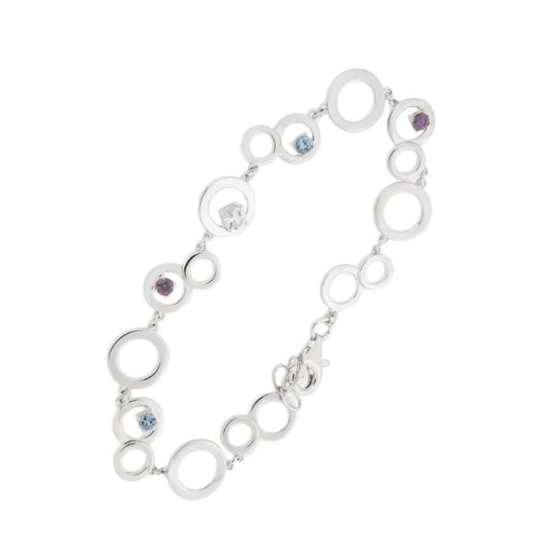 Rhodinert sølv armlenke med zirconer i lilla/blå/lys blå 19,5cm