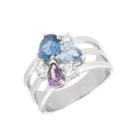 Rhodinert sølv ring med cubic zirconia og lilla/blå/lys blå zirconer