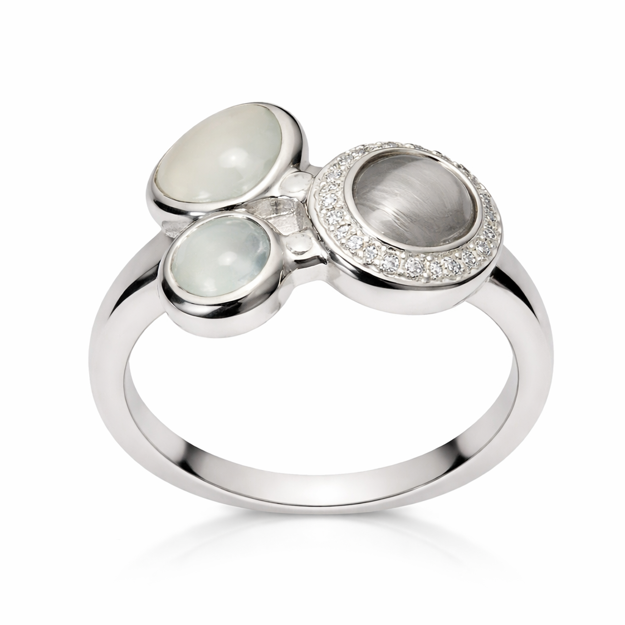Rhodinert sølv ring cubic zirconia + Cabochon grå, mint & hvit