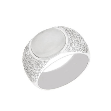 Rhodinert sølv ring med Cubic Zirconia og melkehvit syntetisk månesten