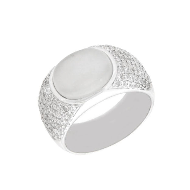 Rhodinert sølv ring med Cubic Zirconia og melkehvit syntetisk månesten